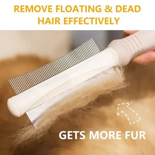 White 2 in 1 pet deshedding brush showing comb side and blade side with ergonomic handle