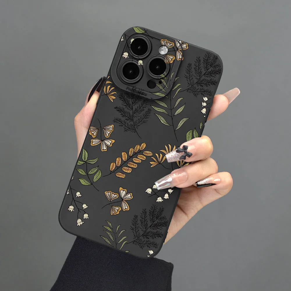 Leaf pattern TPU shockproof phone case for iPhone, black or white, with anti-fingerprint coating