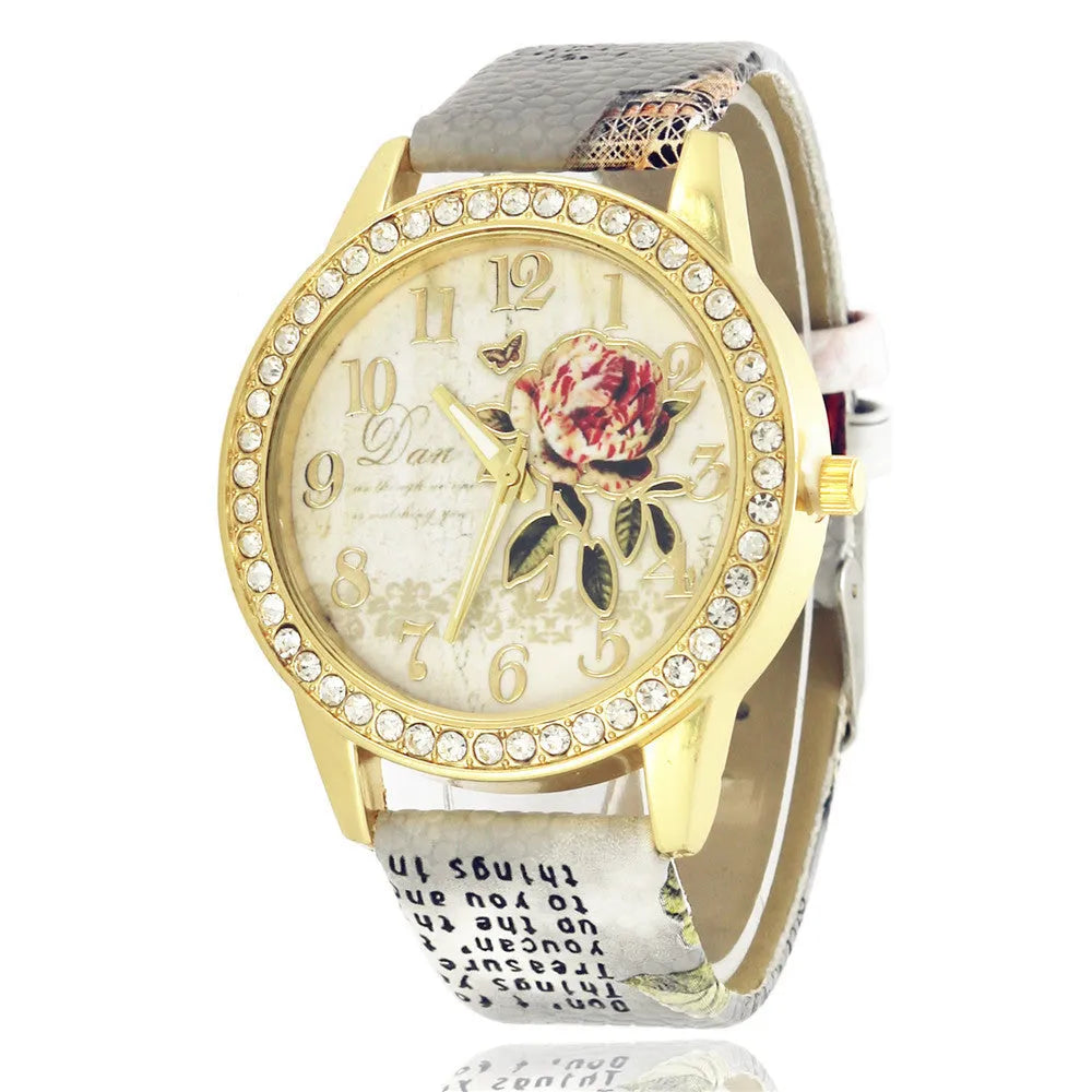 Diamond-inlaid gold case rose pattern fashion quartz watch with 38mm round dial and stainless steel buckle
