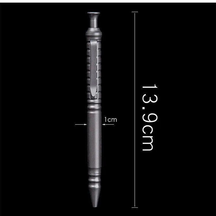 Gunmetal grey titanium alloy tactical pen with push-action mechanism on a gift box.