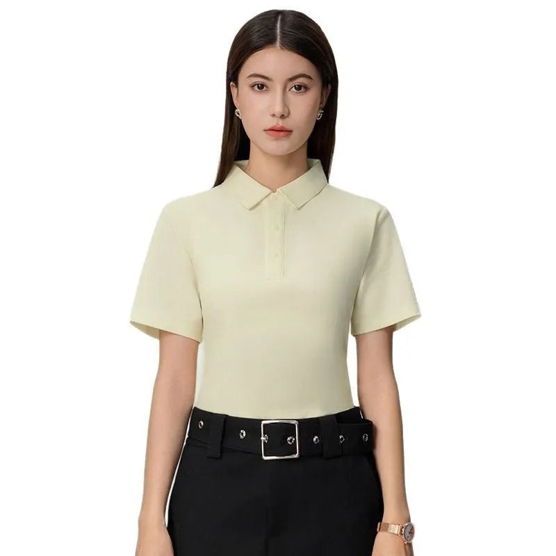 Short sleeve lapel collar polo shirt in solid colour cotton blend fabric on a hanger
