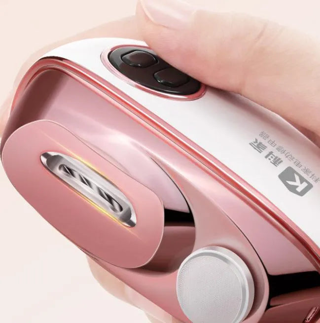 Blue rechargeable electric nail clipper and polisher with cleaning brush and USB cable.