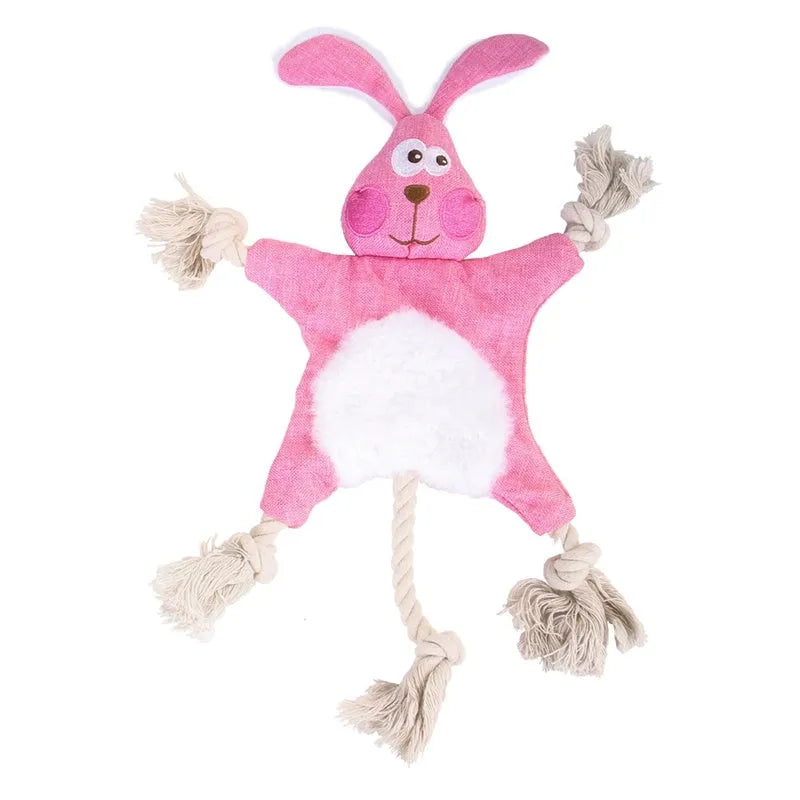 Plush squeaky dog toy set with fox, squirrel, monkey, and other animal shapes on a light background