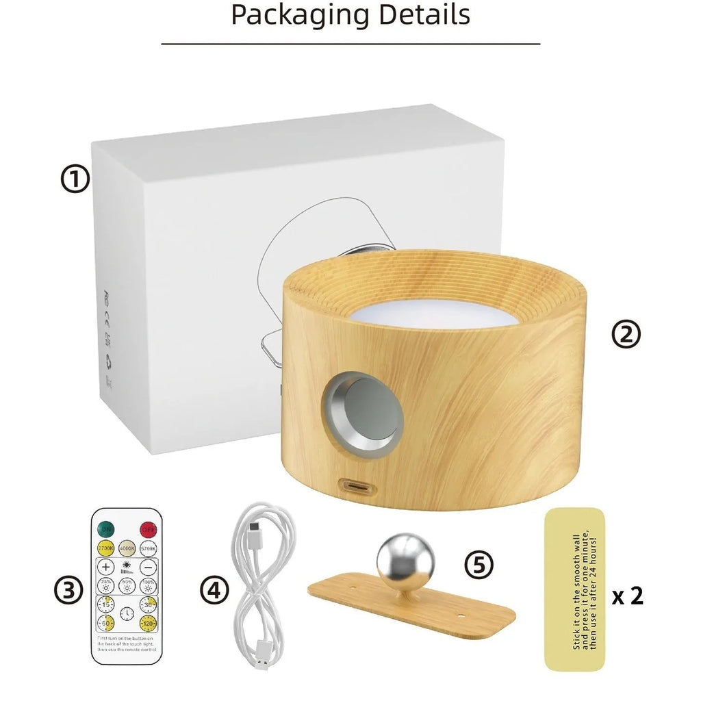 Circular wood grain wiring-free magnetic suction night light with remote control and base