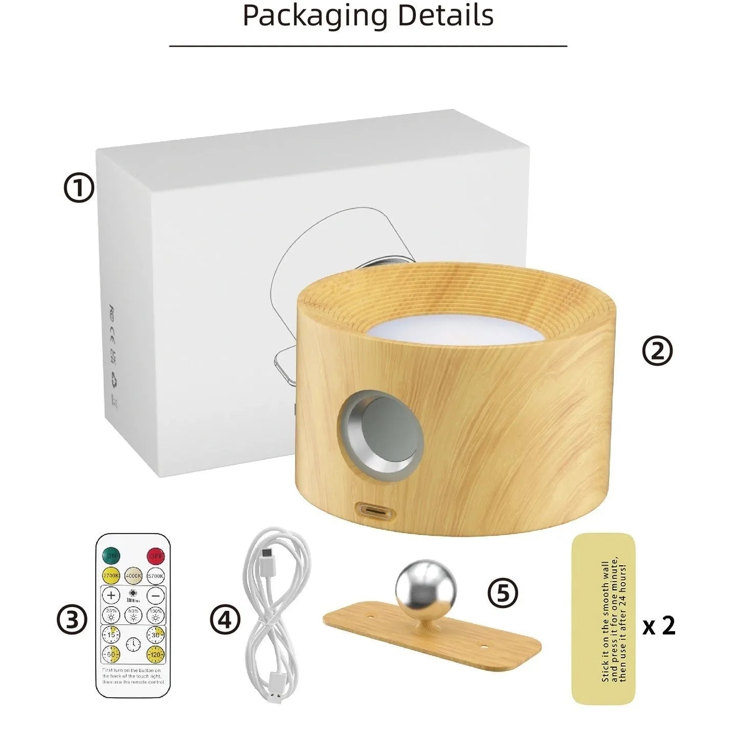 Circular wood grain wiring-free magnetic suction night light with remote control and base