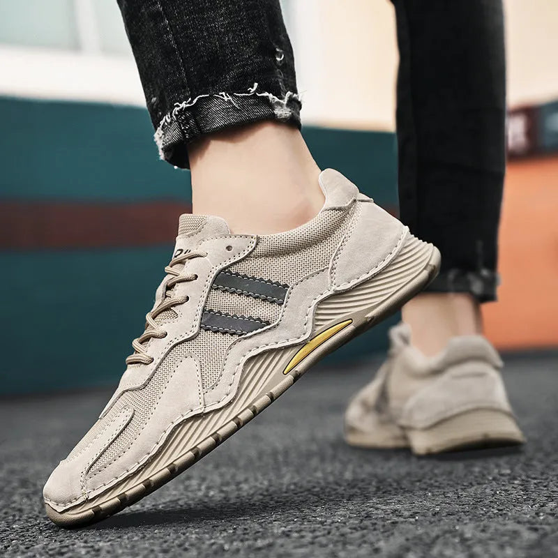 Men's sand coloured pigskin hiking boots with platform sole and lace-up front