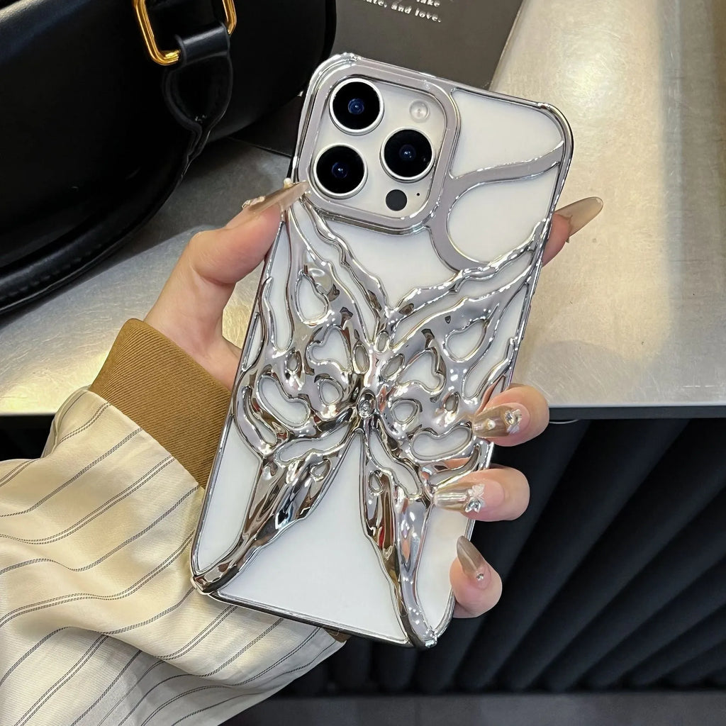 Apple iPhone 16 Pro TPU phone case with electroplated hollow 3D butterfly design in silver, showing full coverage fit