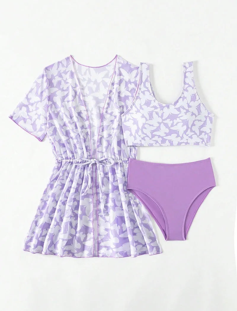 Three piece girls swimsuit cover-up set comprising coat, vest and pants in colour 3218