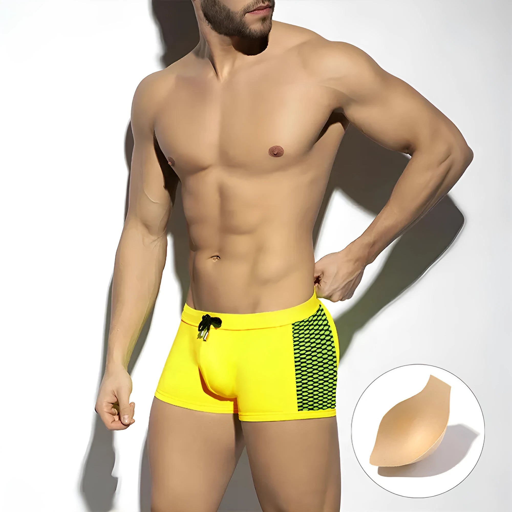 Men's polka dot print swimming boxers in nylon, shown in black, dark blue, and yellow colour options.