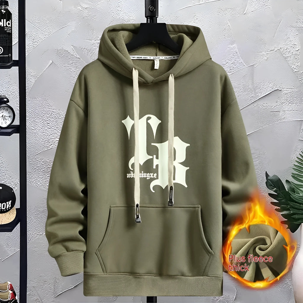 Fleece-lined hooded sweater jacket with letter pattern, cotton pullover in beige, black, green, and wine red, sizes M to 3XL
