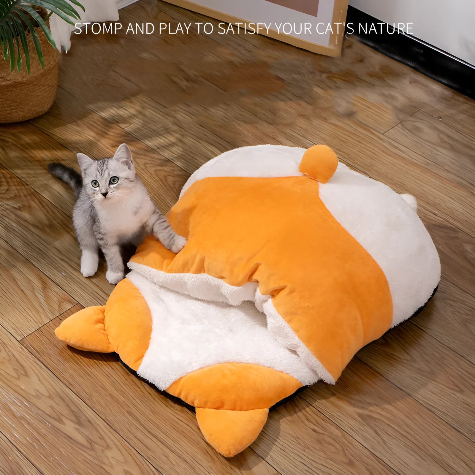 Orange semi-closed cat sleeping bag pet nest bed measuring 65cm by 53cm