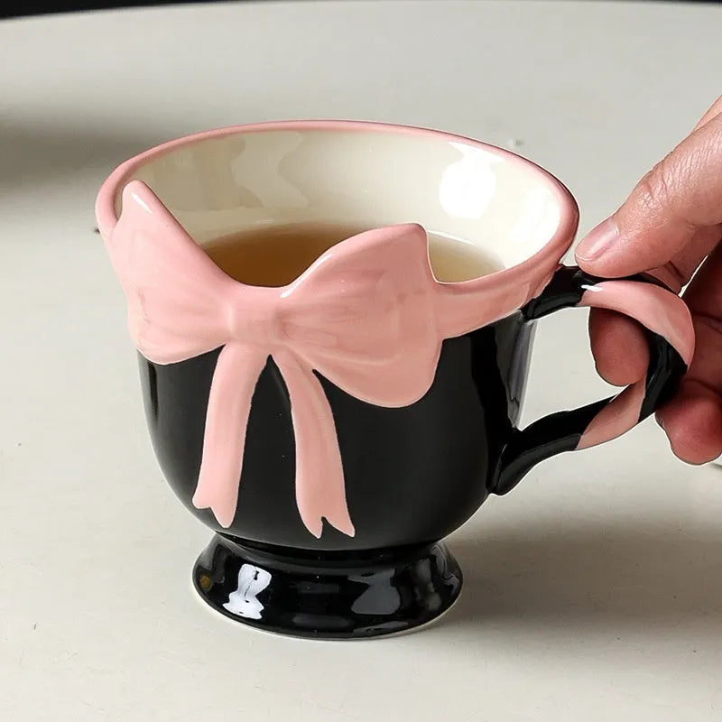 Original design ceramic heart bow mug in black pink or white powder colour with 301-400ml capacity