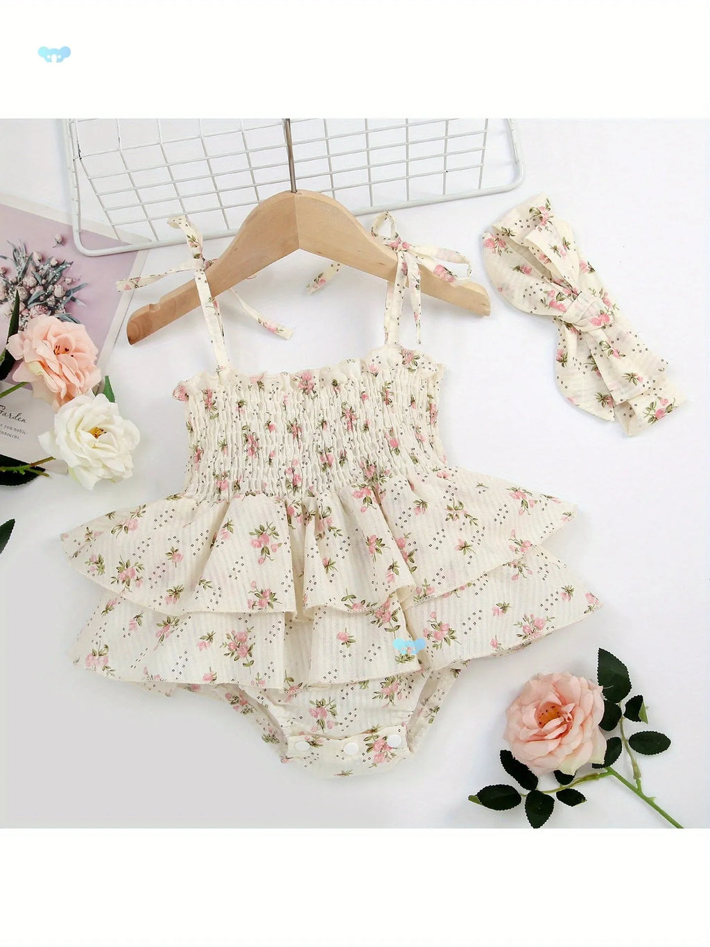 Beige corduroy baby girl jumpsuit set with A-line skirt and matching headband for newborn to 3-4 years