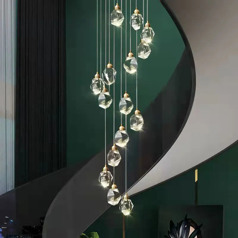 Duplex stair long crane crystal chandelier ceiling lamp with multiple crystal heads