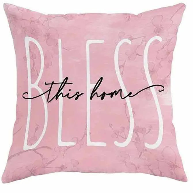 Short velvet cushion cover with spring cherry blossom and letter design, 45x45cm.