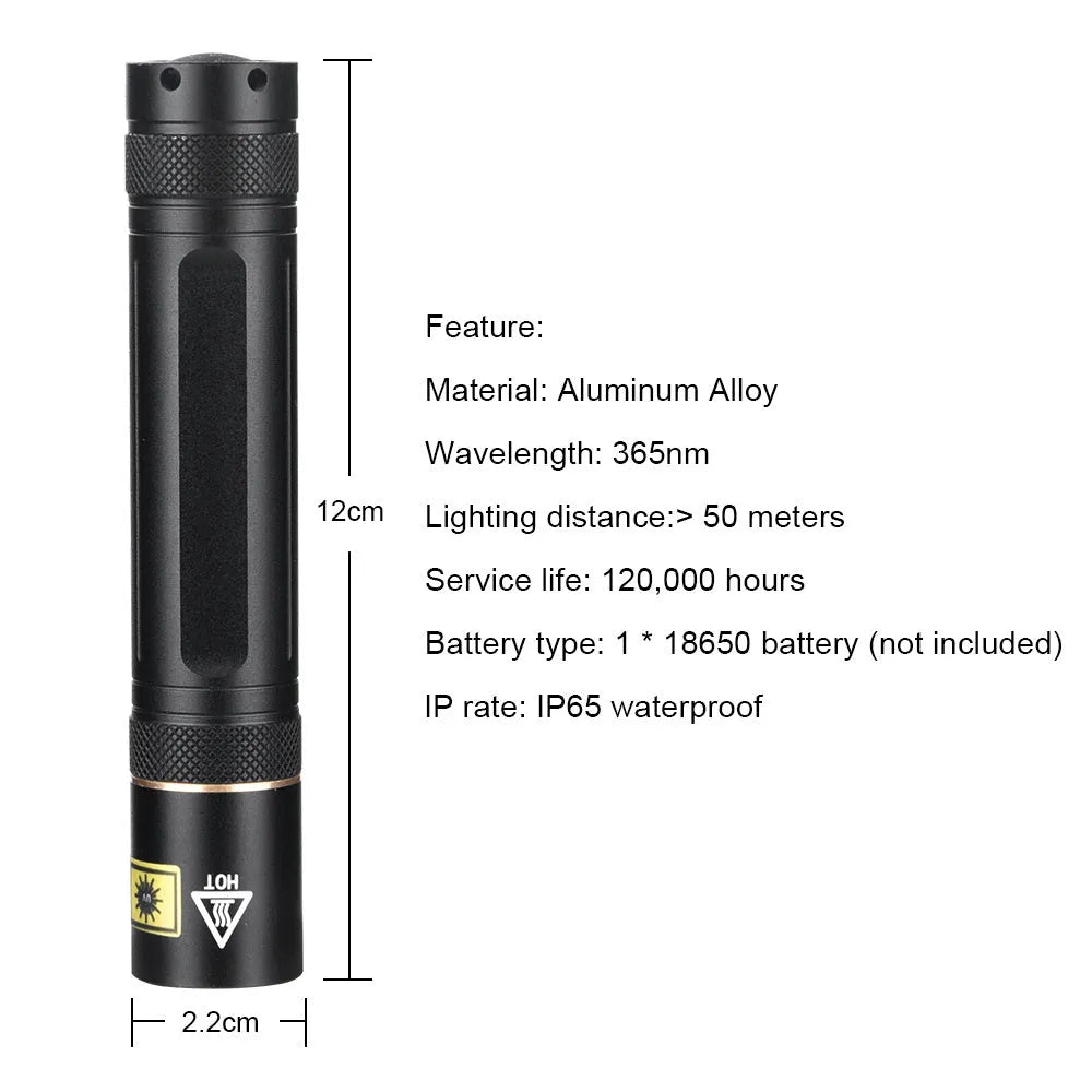365nm UV fluorescence detection flashlight with aluminium alloy housing and 18650 battery options
