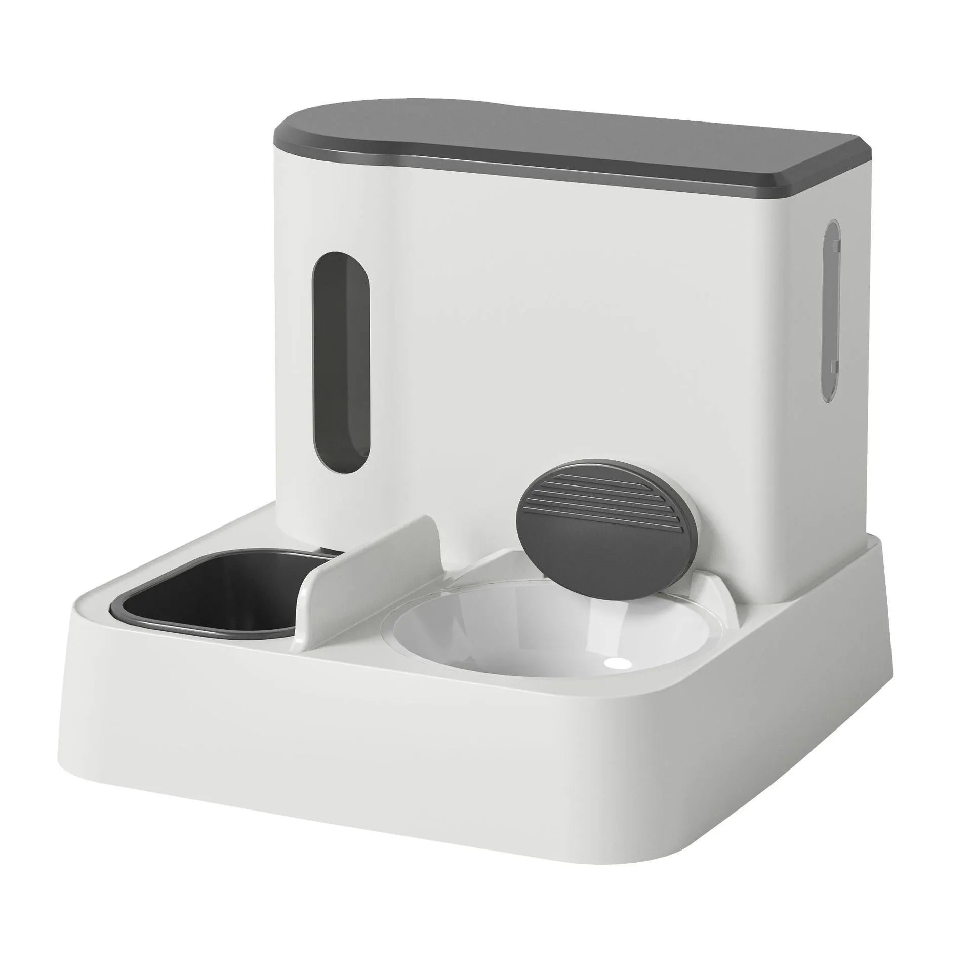 Grey cat automatic pet feeder with integrated double bowl water dispenser