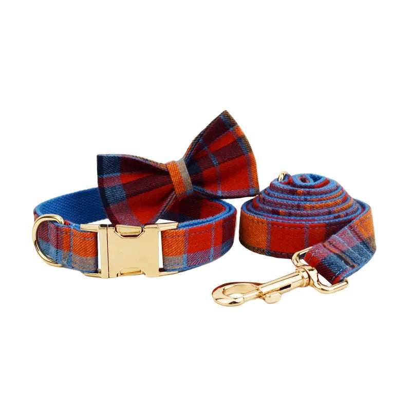 Blue velvet plaid dog collar and leash set with matching bandana accessory on adjustable cloth collar