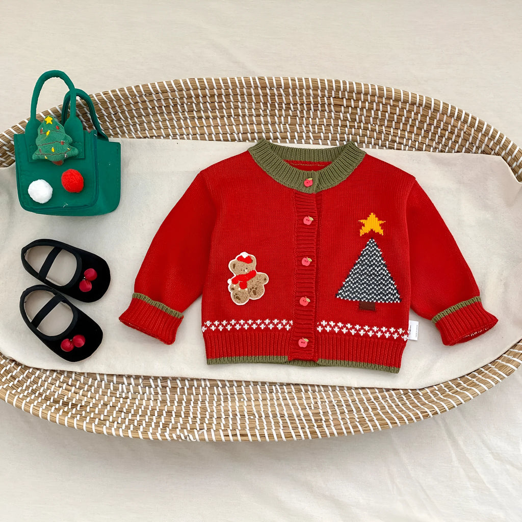Children's cotton cardigan in French red with long sleeves, crew neck and single-breasted front, mid-length spring top