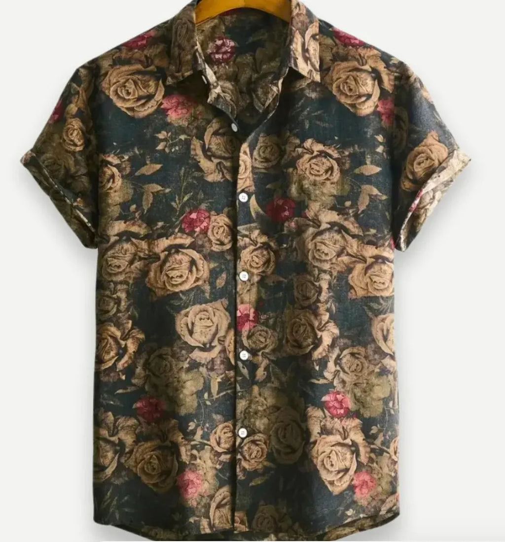 Short sleeve Hawaiian floral print shirt with lapel, shown in a vibrant colour on a model.