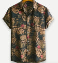 Short sleeve Hawaiian floral print shirt with lapel, shown in a vibrant colour on a model.