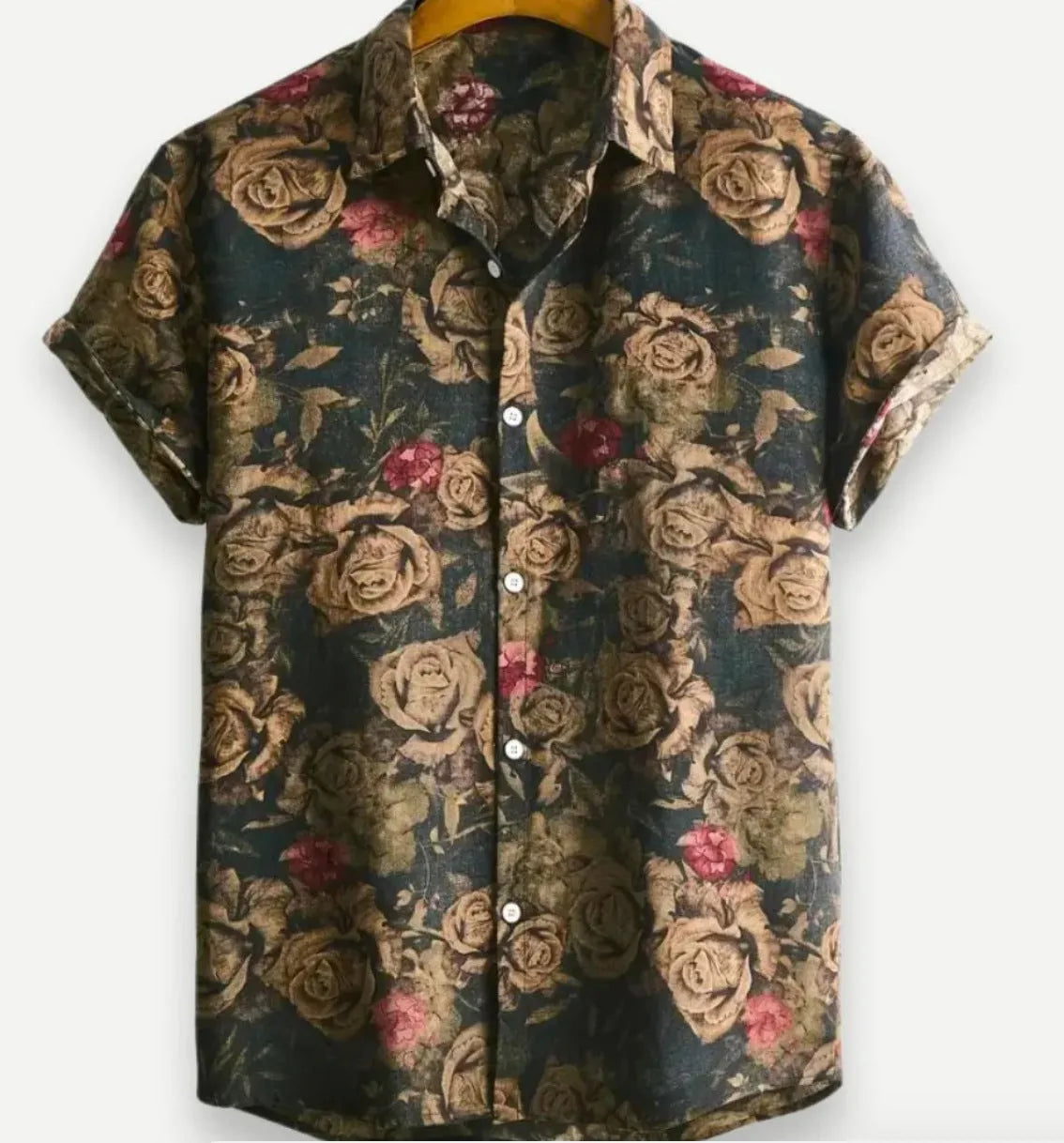 Short sleeve Hawaiian floral print shirt with lapel, shown in a vibrant colour on a model.