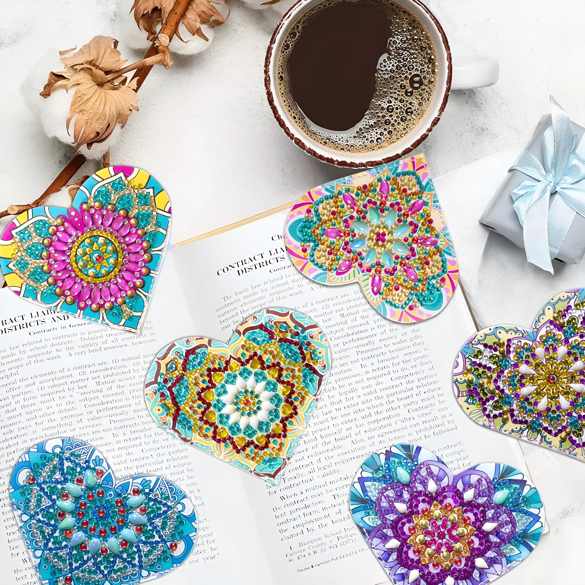 Set of six handmade leather bookmarks with crystal flowers on cornerites.
