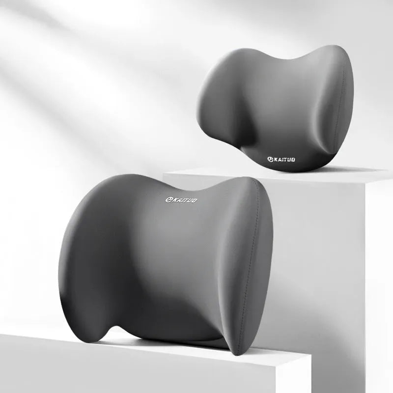 Grey geometric patterned automotive headrest and lumbar support pillows with memory foam for car seat comfort