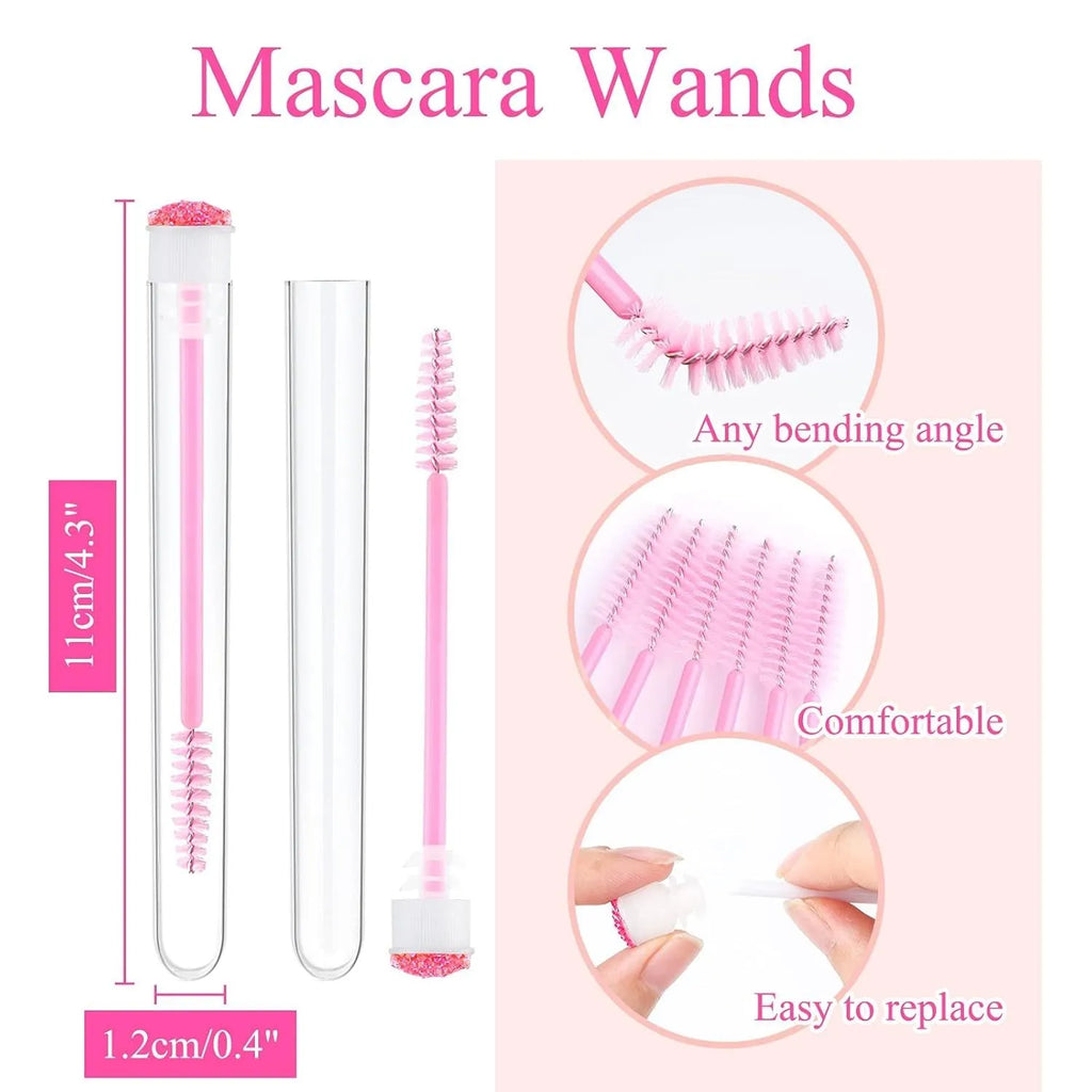 Disposable eyelash spoolie brushes in coloured plastic tubes for mascara and extension cleaning