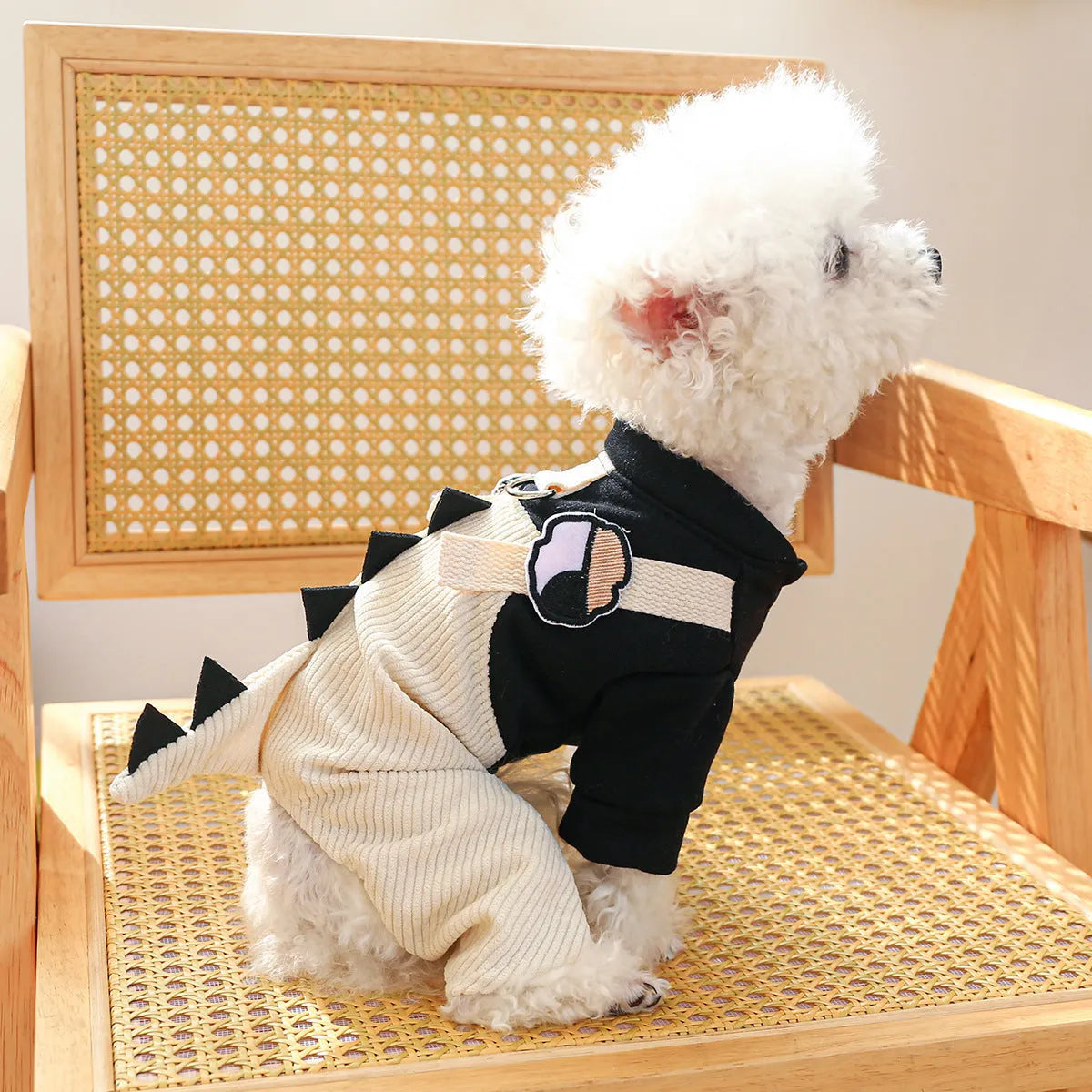 Khaki polyester dog clothing with suspender trousers and skirt, four-legged design, sizes XS to XL