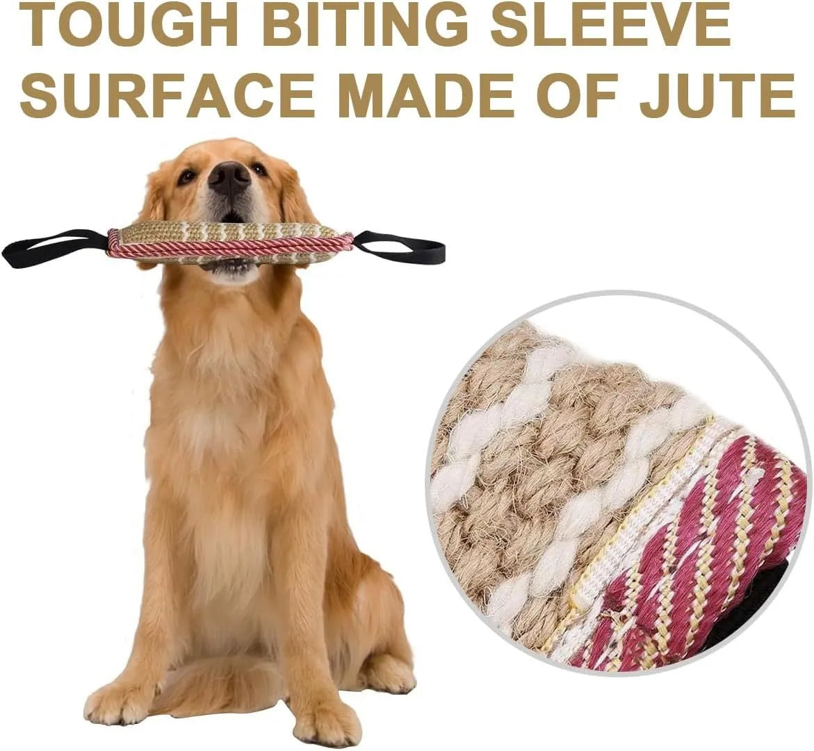 Beige and pink jute dog tug toy with two handles for tug-of-war training
