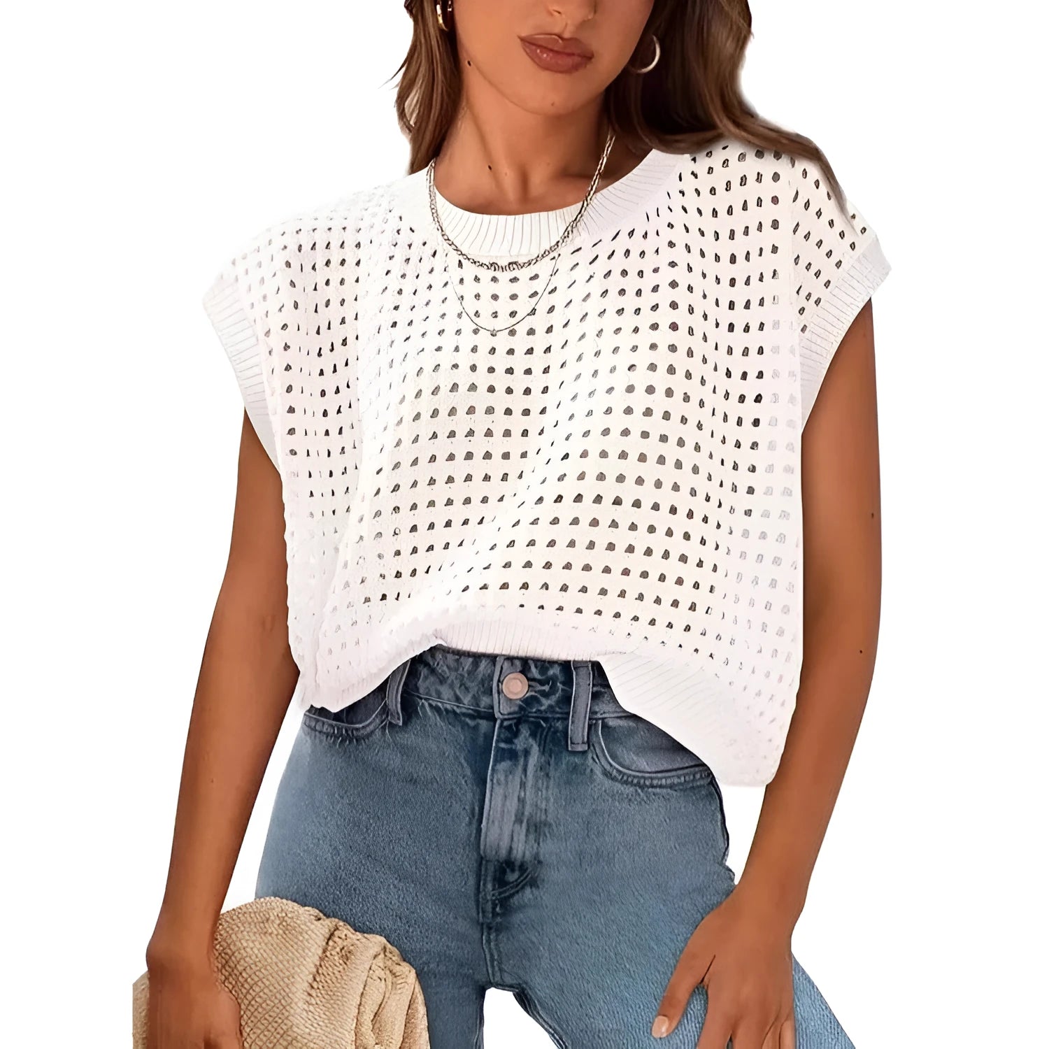 White oversized pullover sweater with textured crochet sleeves on a hanger.