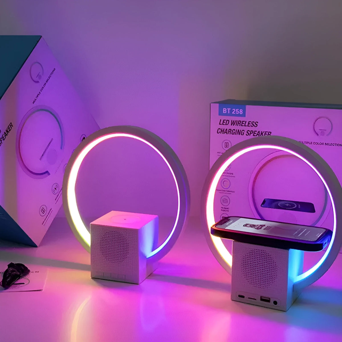 White smart ambience light with Bluetooth speaker, wireless charger, and card insertion, USB powered at 5V