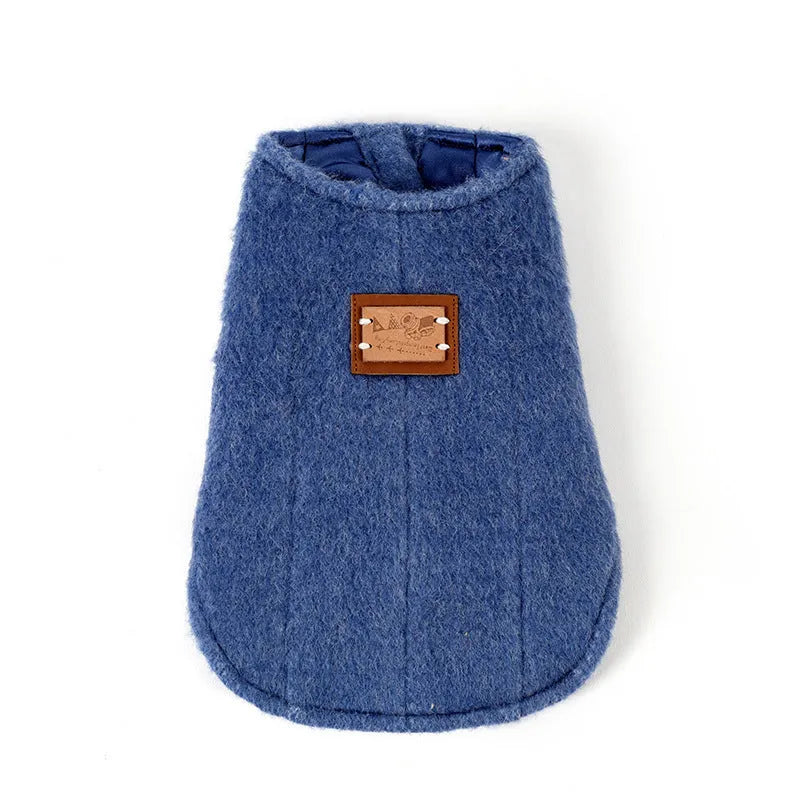 Cotton Korean-style dog vest in blue cashmere colour on small dog, showing casual knit design
