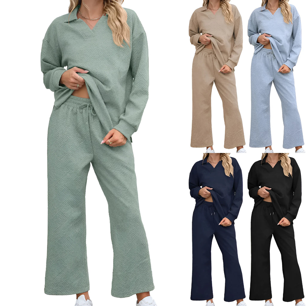 Women's solid colour knitted jacquard suit set with lapel sweater and cropped trousers.