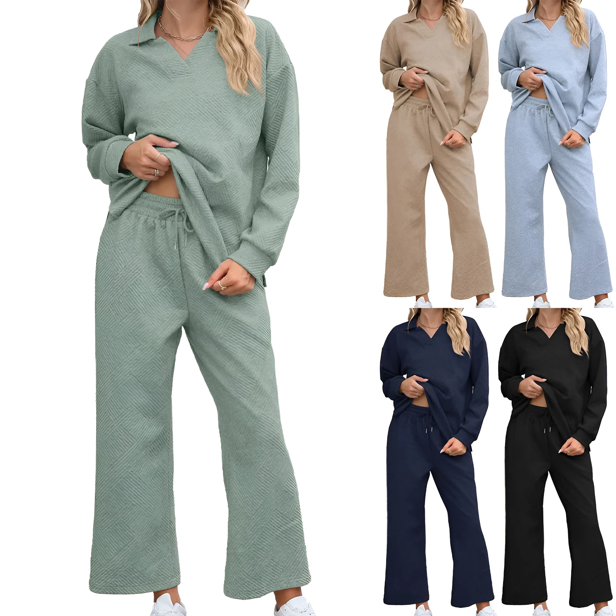 Women's solid colour knitted jacquard suit set with lapel sweater and cropped trousers.