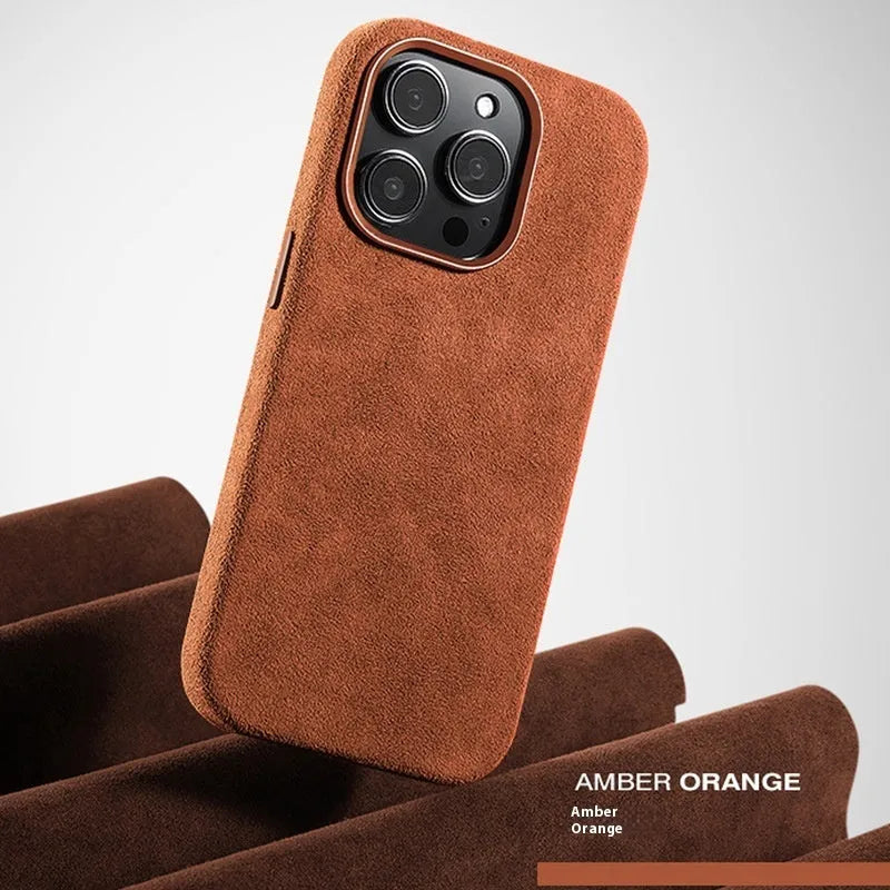 High-grade suede mobile phone protective shell in Violet colour for iPhone, showing MagSafe compatible magnetic area.