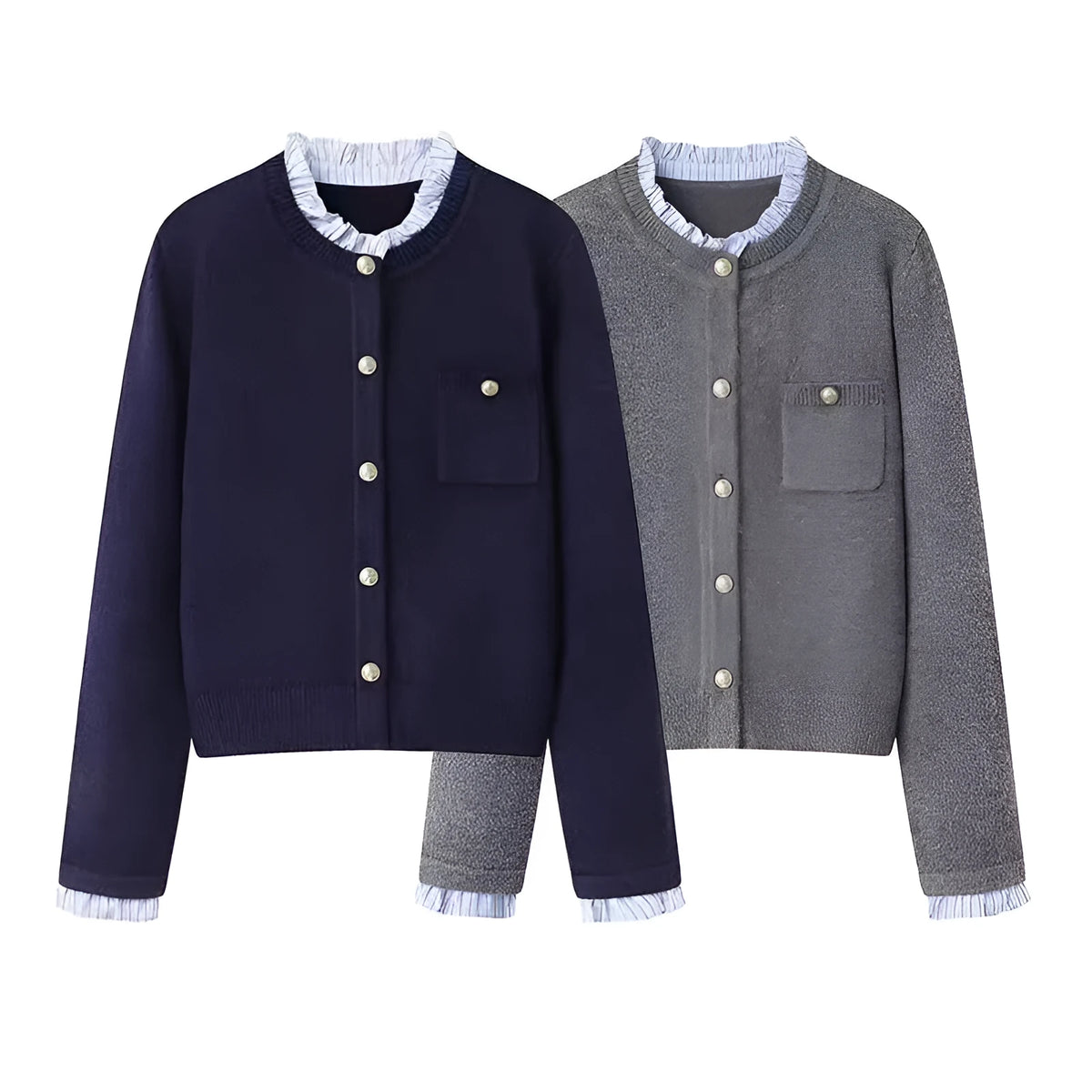 Women's pleated lace collar sweater coat in Navy Blue or Gray, acrylic long sleeve regular sleeve knit cardigan, sizes S M L