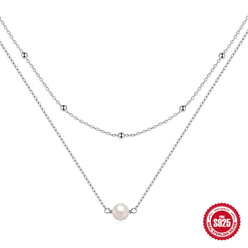 S925 sterling silver double layer necklace with twin pearls in gold or white gold tone
