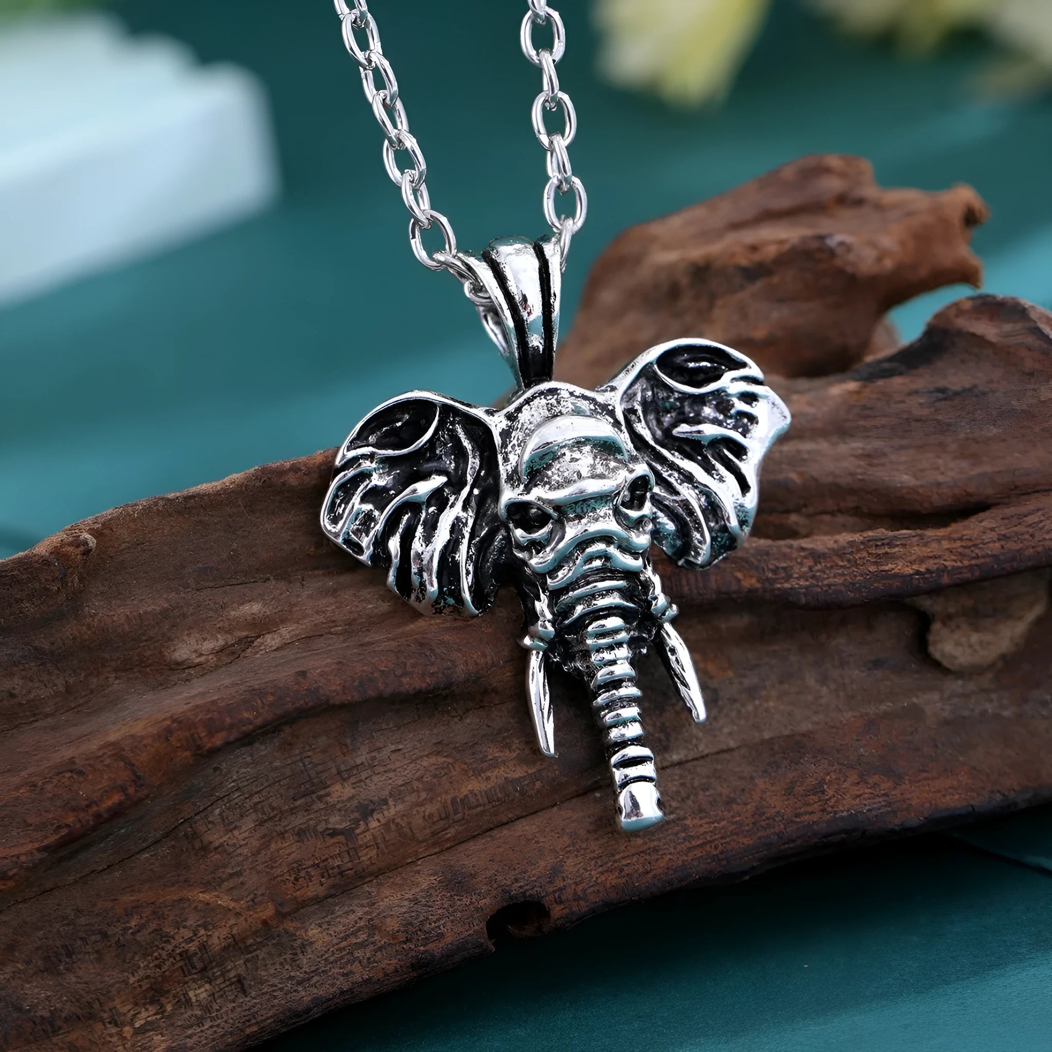 Elephant god pendant necklace in silver and black with stainless steel chain