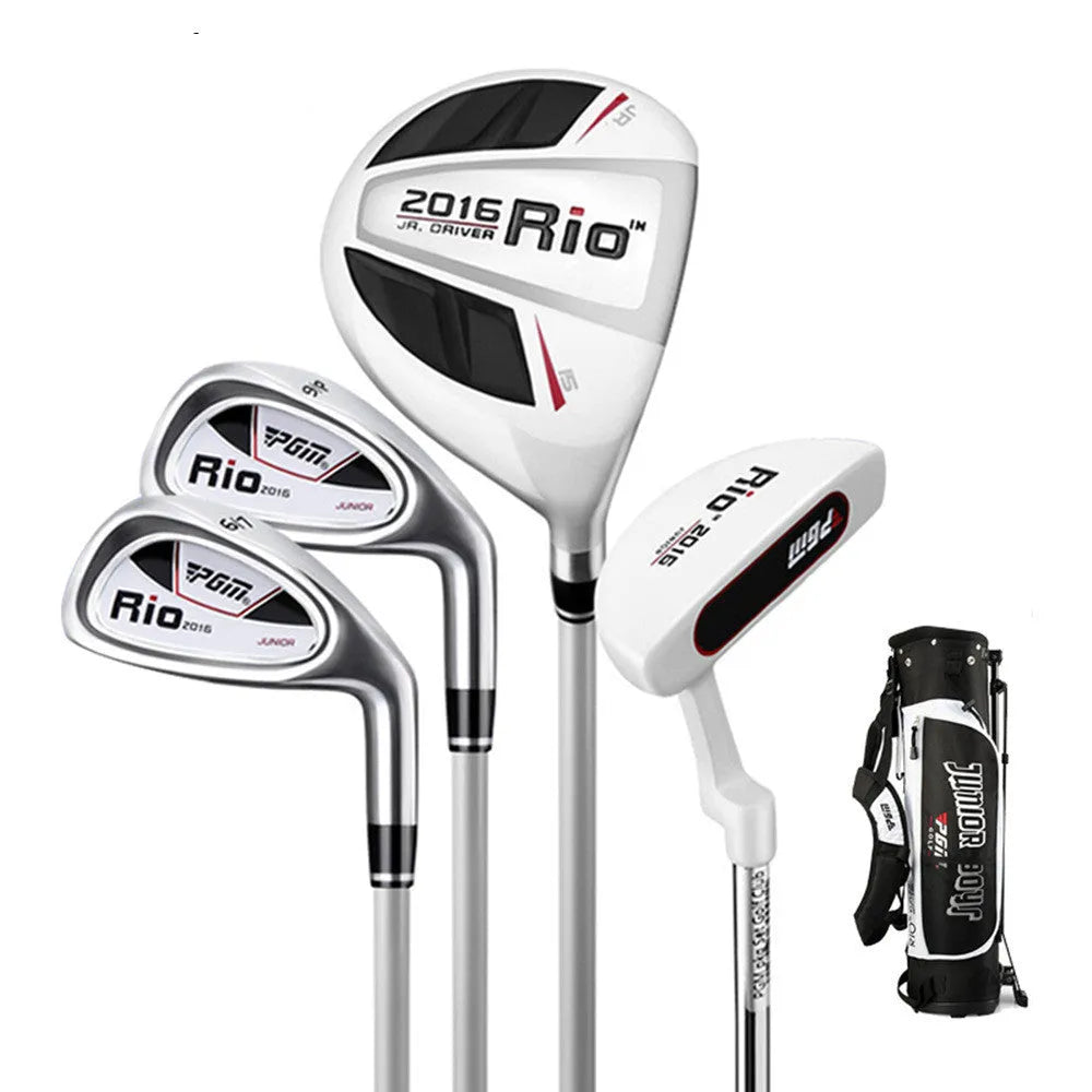 Children's golf club set featuring a forged aluminium driver, two iron poles, a putter, and a ball bag on a grassy field