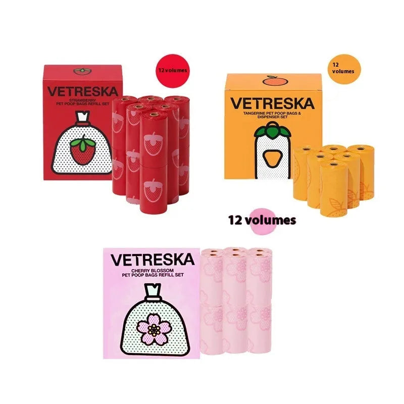 Dog waste dispenser capsule with roll of scented biodegradable bags in choice of strawberry, orange or cherry blossom