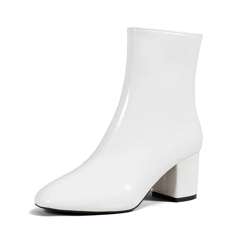 Women's chunky heel pointed toe mid-calf boots with side zipper in black shiny leather