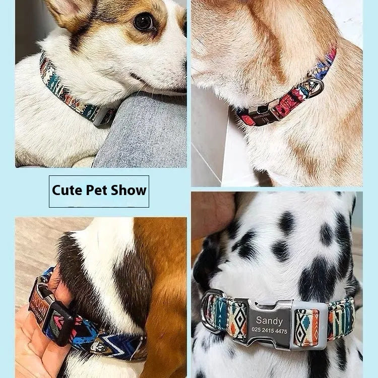 Striped canvas dog collar with metal release buckle in bohemian blue colour option