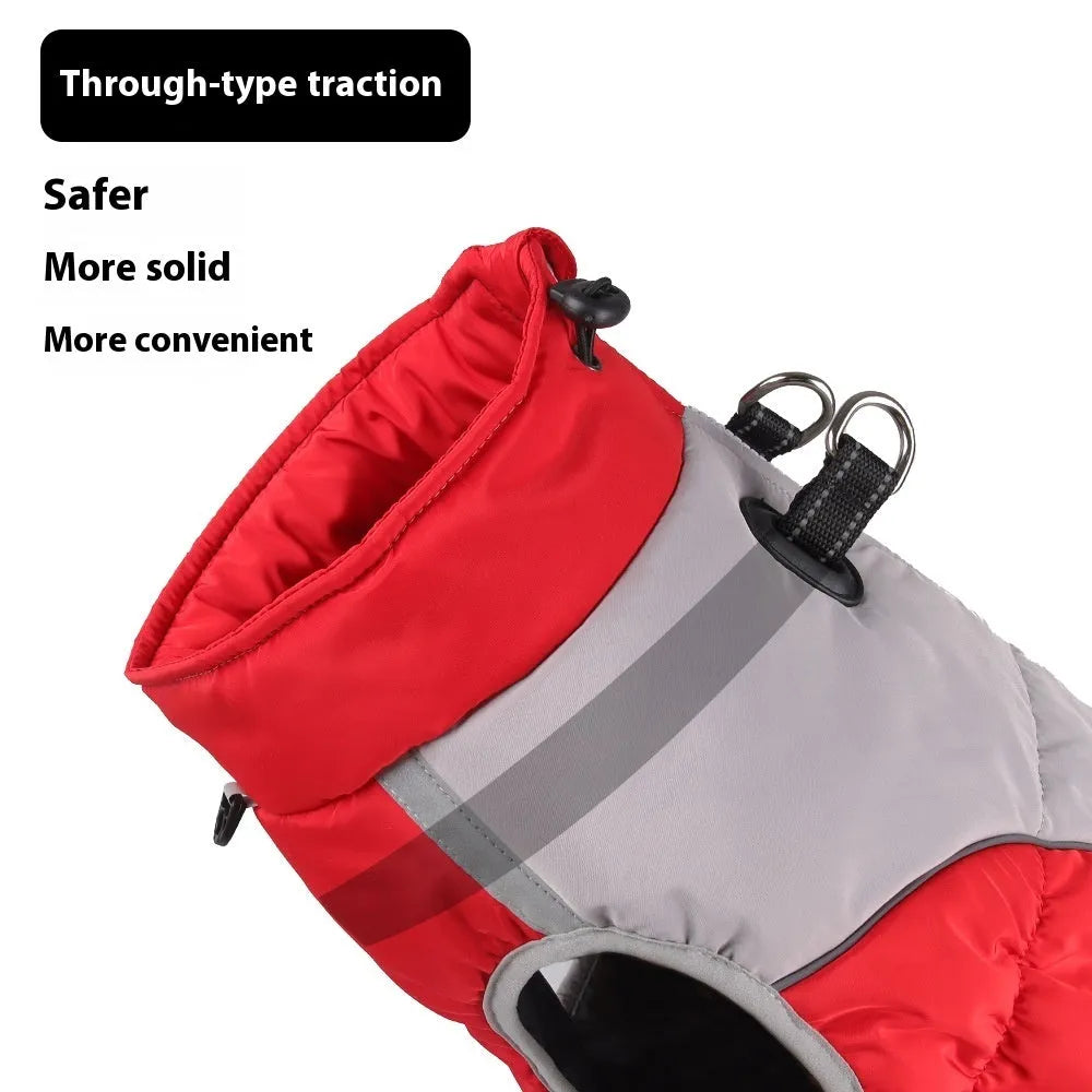 Cotton windproof winter coat for a medium or large dog in black, blue, red, or navy blue.