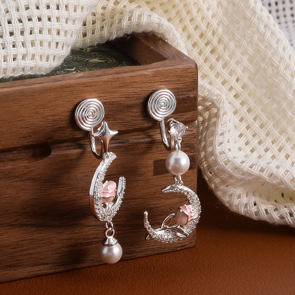 Gentle temperament rose flower earrings for women with imitation pearl and electroplated finish in SB0452 rose colour