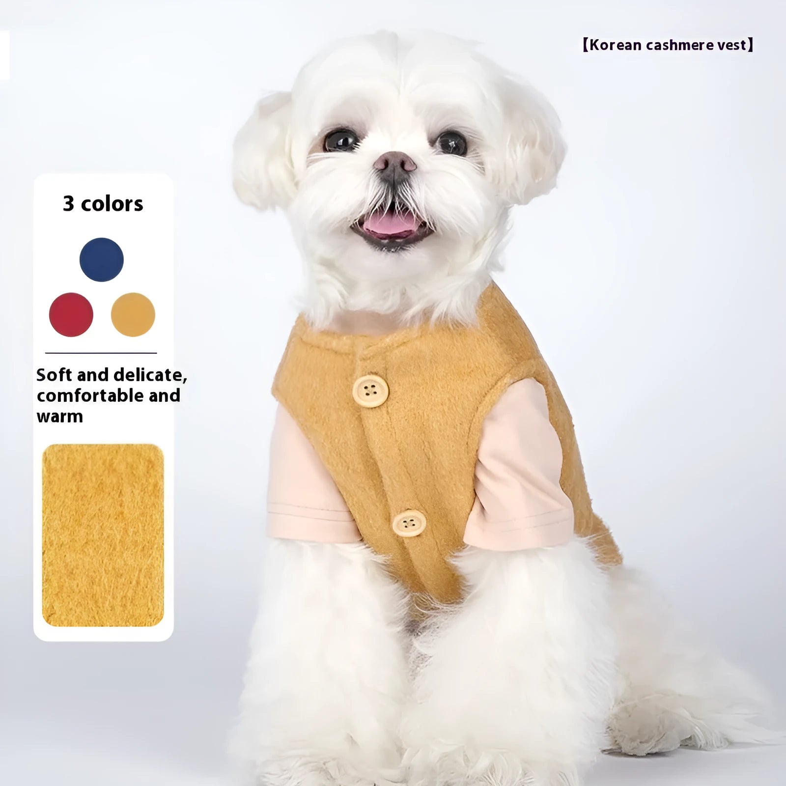 Small dog wearing cotton Korean cashmere vest in blue colour, showing front and side views of the autumn winter coat.
