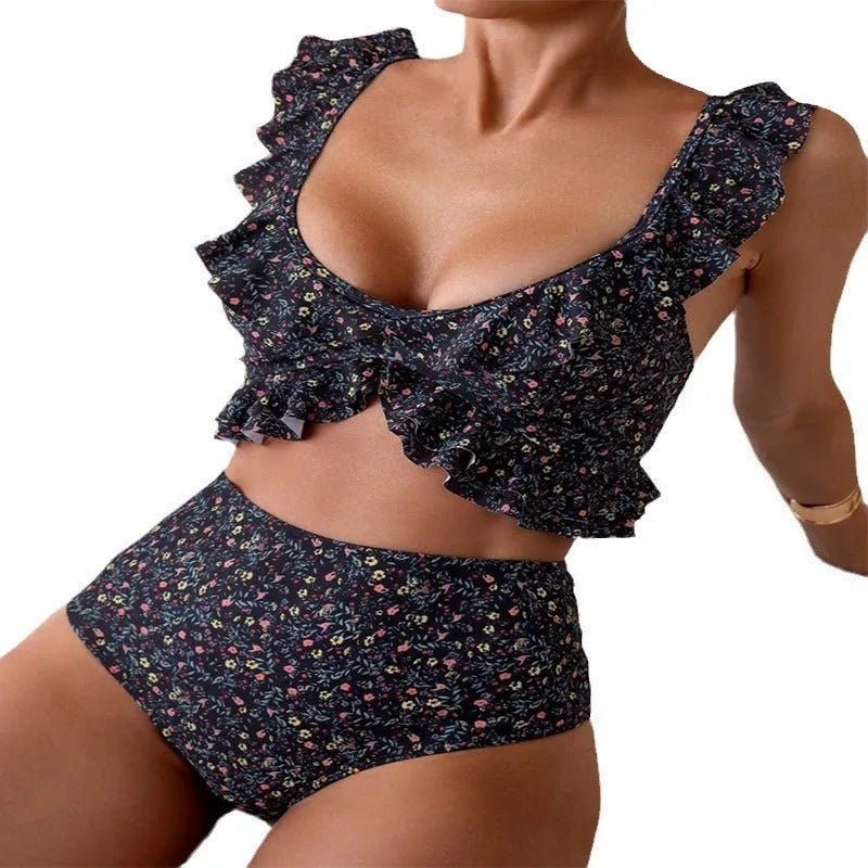 Floral flounce split backless swimsuit set, black with pink floral pattern, polyester, brief bottom, women's swimwear
