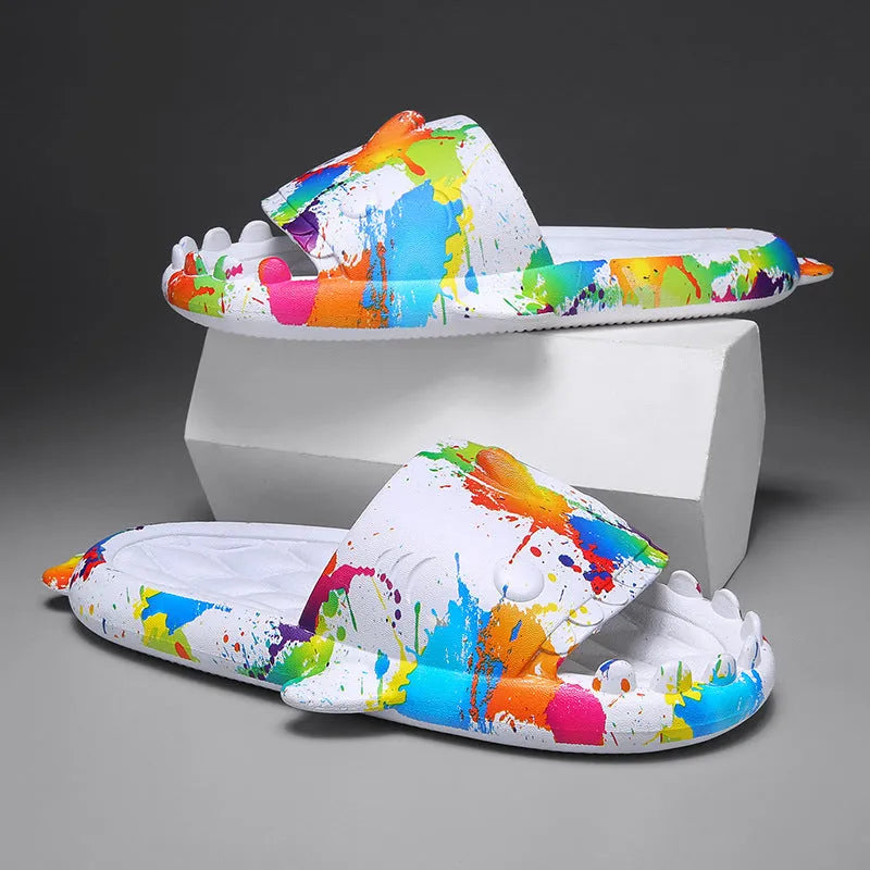 Casual open-toe EVA home slippers with a cute shark design on the upper.