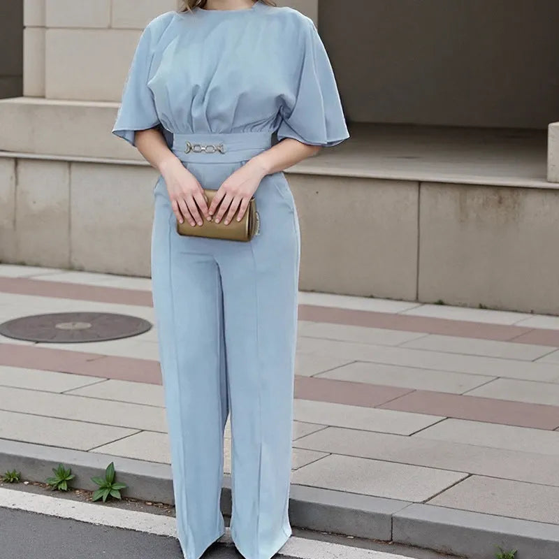 Blue men's two-piece polyester suit set on a hanger, featuring a long-sleeve shirt and trousers.